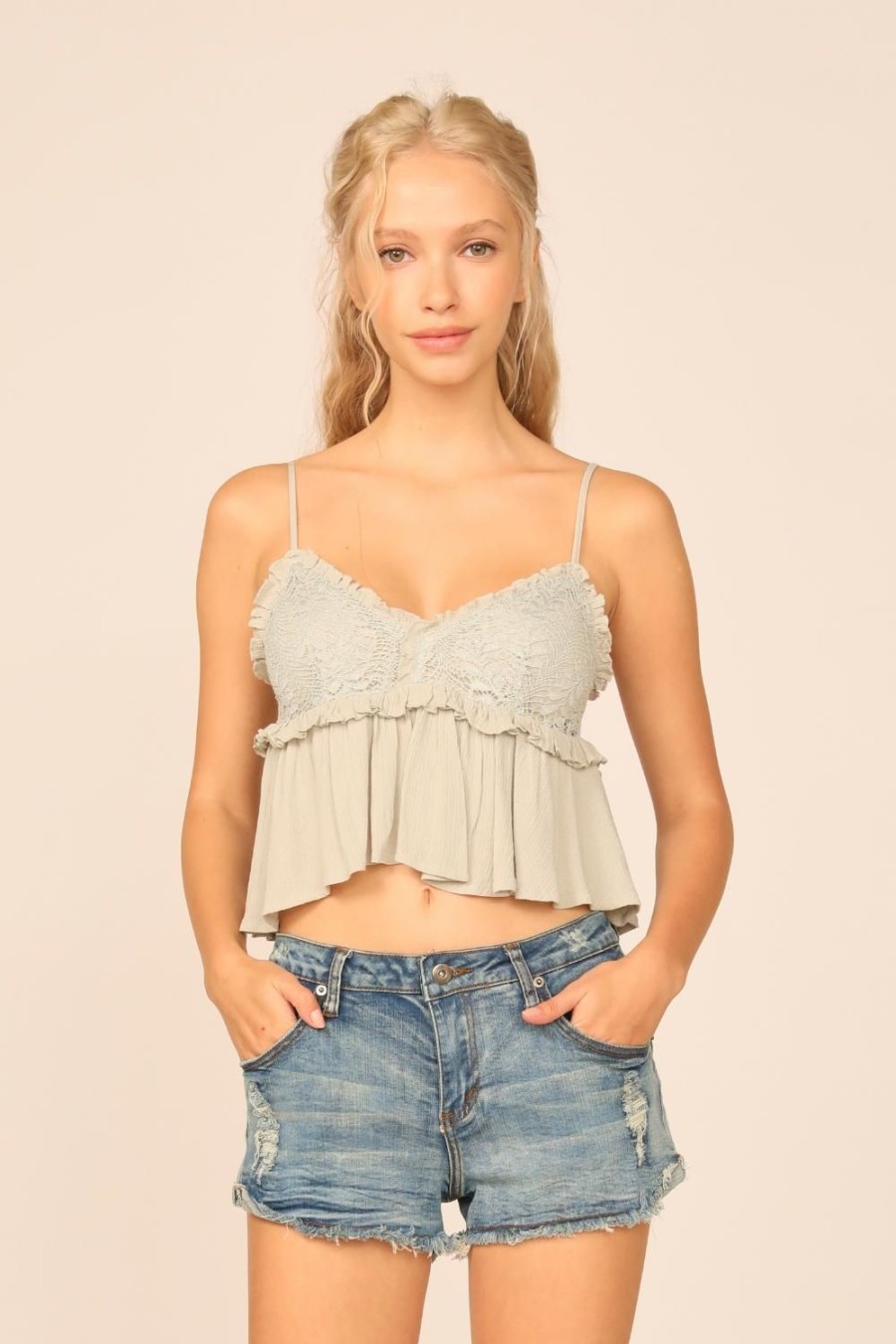 Women Ocean Drive | Pale Sage Crinkle Crochet Top