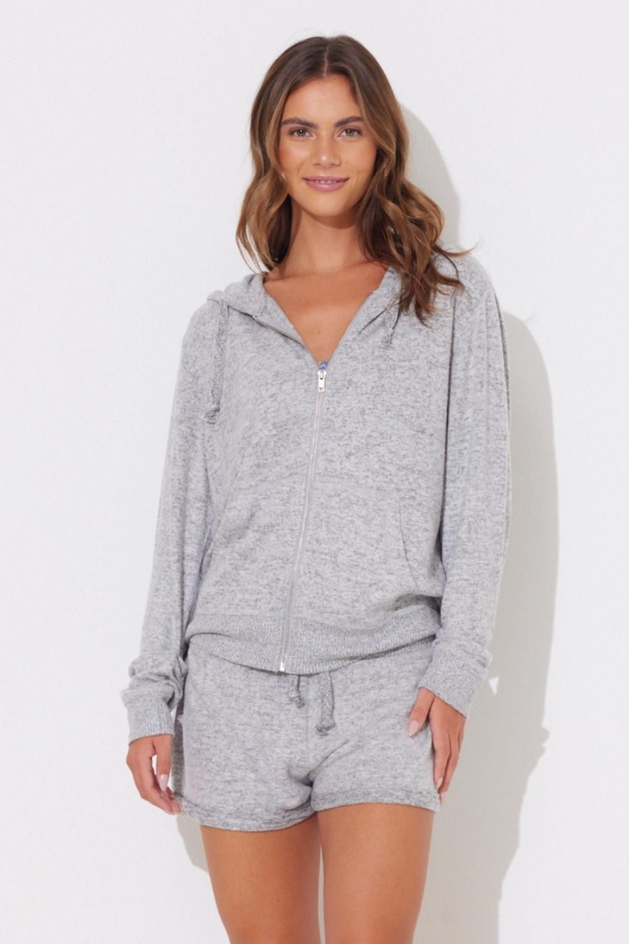 Women Ocean Drive | Heather Grey Hacci Zip Up Hoodie