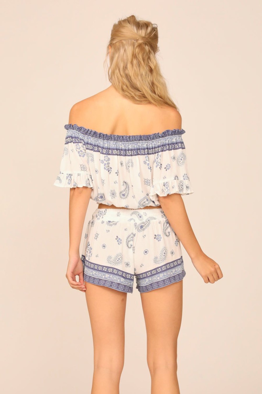 Women Ocean Drive | Denim Bandana Printed Off The Shoulder Tie Bottom Top